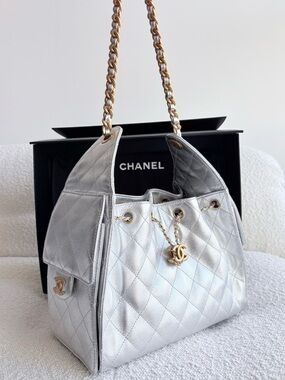 CHANEL 25 Small Silver Caviar Shoulder Bag with Gold Chain